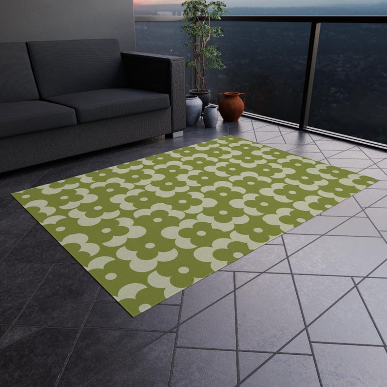 Deck Rug | Retro Flower Green Geometric Pattern | Fade Resistant Outdoor Rug for Patios 60" × 84"
