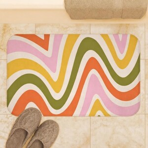 Absorbent Bath Mat, Ripple Pattern Bathroom Rug, Retro Bath Mat, Memory Foam Bath Rug, Groovy Wavy Stripe Mat