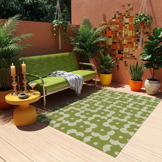 Deck Rug | Retro Flower Green Geometric Pattern | Fade Resistant Outdoor Rug for Patios