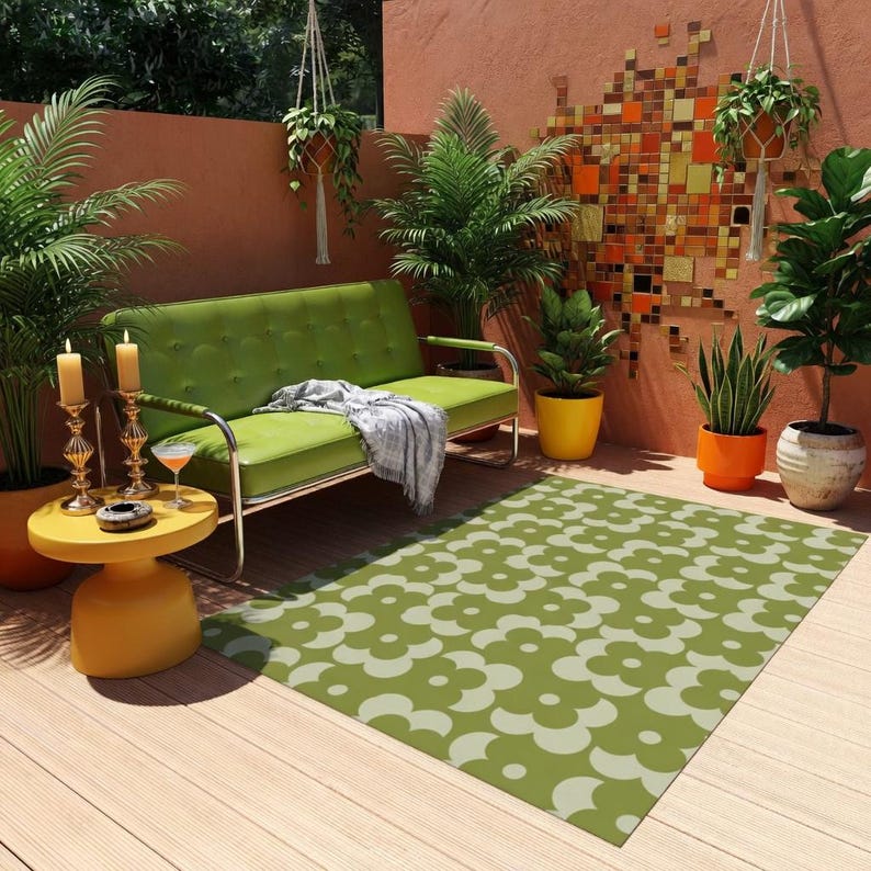 Deck Rug | Retro Flower Green Geometric Pattern | Fade Resistant Outdoor Rug for Patios image 1