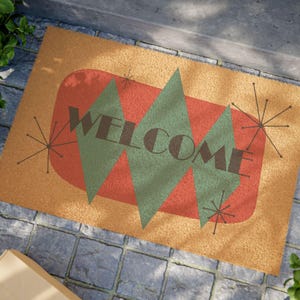 Mid Century Modern Coconut Fiber Welcome Mat | Atomic Starburst Design Retro Orange Green Coir Doormat 24 x 16 image 5