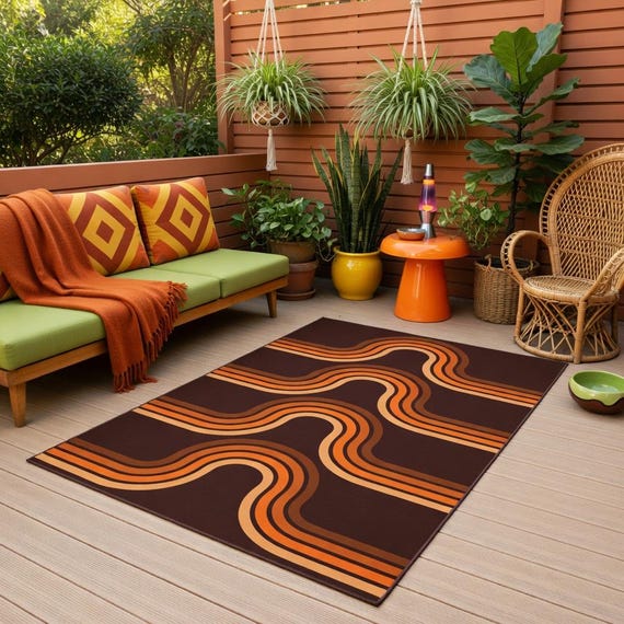 Outdoor Retro Area Rug | Mid Century Modern 70s Inspired | Earth Tone Stripes for Deck & Patio