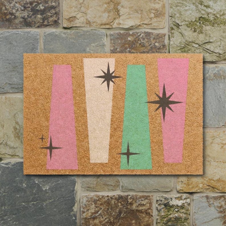 Deurmat uit het midden van de eeuw | Kokosvezelmat met Atomic Age-decor Starburst-ontwerp - retro roze en muntstrepen afbeelding 3