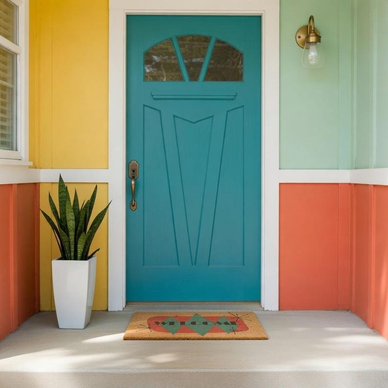 May include: A teal front door with a decorative design and a welcome mat. The door is framed by walls painted in yellow, orange, and mint green. A white planter with a green plant sits to the left of the door.