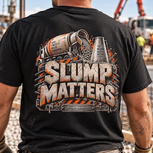 May include: A black t-shirt featuring a graphic of a concrete mixer truck pouring wet concrete. The text reads "GOOD CONCRETE BUILDS TOMORROW", "TEST MEASURE BUILD BETTER", "SLUMP MATTERS", and "QUALITY CONCRETE STRONGER COMMUNITIES" in a distressed, industrial font.