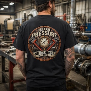 以下が含まれることがあります： 背面に円形のグラフィックがプリントされた黒いTシャツ。デザインには圧力計、交差した2本のパイプレンチ、そして「HIGH PRESSURE」と「NO DIAMONDS WITHOUT IT」という文字、下部には小さなダイヤモンドのアイコンが描かれています。