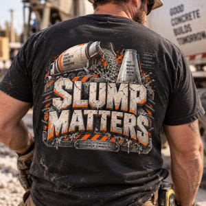 May include: A black t-shirt featuring a graphic of a concrete mixer truck pouring concrete. The text reads "SLUMP MATTERS," "GOOD CONCRETE BUILDS TOMORROW," "TEST MEASURE BUILD BETTER," "CONCRETE PEOPLE STRONGER PLACES," and "QUALITY CONCRETE STRONGER COMMUNITIES."