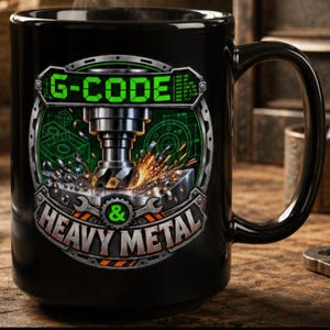 May include: A black ceramic mug featuring a graphic of a CNC milling machine cutting metal with sparks flying. The design includes the green text G-CODE at the top and the silver text & HEAVY METAL at the bottom, framed by a metallic gear border.