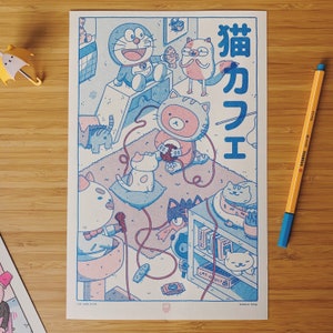 Cat Cafe 猫カフェ Risograph Print