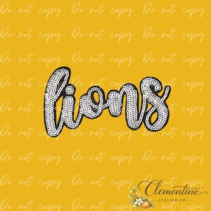 May include: A script-style patch featuring the word "lions" rendered in silver sequins with a thick black border. The lettering is presented in a cursive font, with each individual sequin reflecting light to create a textured, metallic appearance.