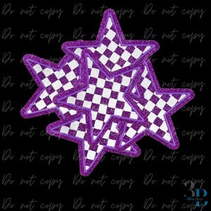 May include: A cluster of five star-shaped patches. Each star has a white and black checkered pattern, outlined with a glittery purple border. The background is black, with the words "Do not copy" repeated.