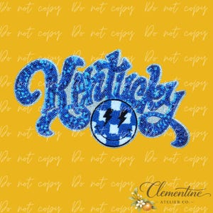 May include: A blue sequined patch featuring the word Kentucky in a cursive script font, with a circular smiley face icon below the text. The smiley face has a blue and white checkered pattern and two black lightning bolt eyes on a yellow background.