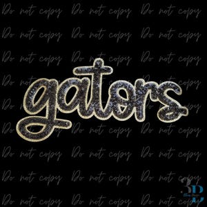 May include: A black and gold sequined "gators" script design. The word "gators" is in a cursive font, with a gold outline and filled with black and silver sequins. The background is black.