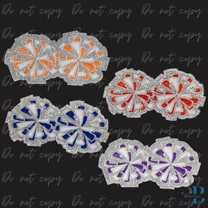 May include: Embroidered cheerleading pom-pom patches in orange, red, blue, and purple. Each patch has a silver glitter border and white accents, ideal for crafting or clothing embellishment.