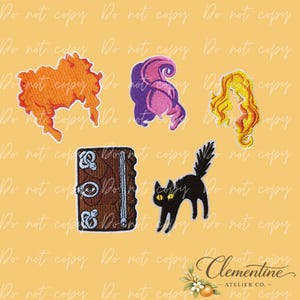 May include: A set of five embroidered patches featuring a textured orange hairstyle, a purple wavy hairstyle, a yellow wavy hairstyle, a brown book with a central eye and snake details, and a black cat with yellow eyes on a yellow background.