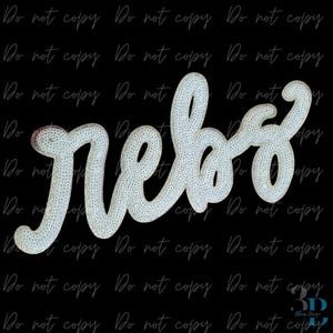 May include: A white, textured "Rebel" script design on a black background. The word is in a cursive font, with a 3D effect. The design is repeated with the text "Do not copy".