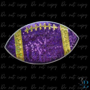 May include: A decorative football-shaped item with a sequined design. The center is covered in purple sequins, with gold sequin stripes and stitching. The edges are outlined in silver. The words "Do not copy" are repeated across the background.
