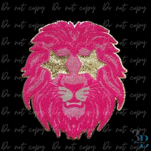 May include: A hot pink lion face design with gold glitter star-shaped sunglasses. The lion's mane is textured, and the face has silver details. The design is set against a black background.
