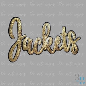May include: Gold sequin "Jackets" patch with a black border, in a cursive font. The patch is on a gray background. The text is in a script font, and the sequins give it a shiny appearance.