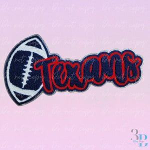 May include: A navy blue and red Texans football-shaped patch. The word "Texans" is in red with a navy blue outline. The football is white with navy blue stitching. The patch has a silver glitter border.