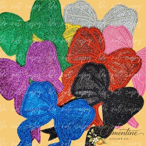 May include: A collection of glittery bow appliques in various colors, including green, purple, blue, red, black, pink, silver, and yellow. Each bow has a detailed stitched outline and a sparkling texture, perfect for crafting projects.