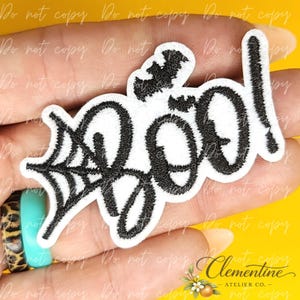 Boo Script | Halloween Patch | Small Iron-On Patch |  Hats, Clothing, Bags+