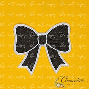 May include: A black embroidered bow patch with a white border outline. The bow features a central knot and two downward-pointing tails, rendered in a textured stitch pattern against a solid yellow background with a watermark overlay.