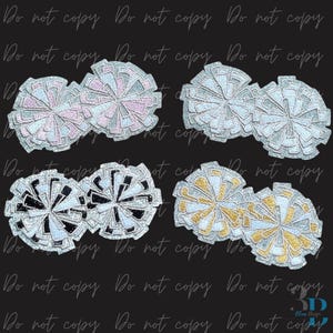 May include: Four pairs of cheerleading pom-poms in various color combinations. The pom-poms are silver with pink, silver, black, and gold accents. The background is black, and the text "Do not copy" is repeated.
