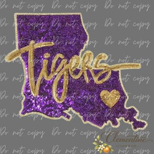 May include: A patch shaped like the state of Louisiana, covered in purple sequins with a gold sequined border. The word Tigers is written in gold script across the center, and a small gold sequined heart is positioned in the lower right area.