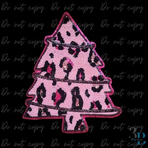May include: A Christmas tree-shaped patch featuring a pink and black leopard print pattern. The design is outlined with a dark pink sequin border and includes horizontal rows of dark pink sequins separating the three tiers of the tree shape.