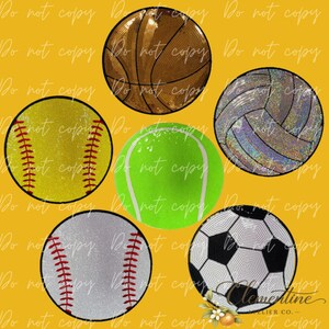 May include: A collection of six sports balls featuring a brown basketball, a yellow softball with red stitching, a bright green tennis ball, a silver volleyball, a white baseball with red stitching, and a black and white soccer ball design.