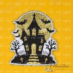May include: A glittery gold and black embroidered patch featuring a haunted house silhouette against a full moon. The design includes black bats, bare trees, and small crosses on a mound, all outlined with a thick, shimmering gold border.