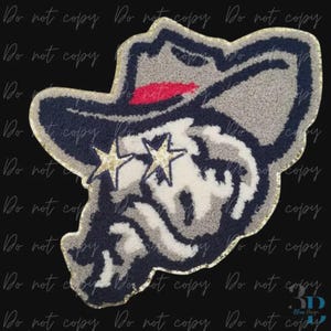 May include: A tufted rug in the shape of a cowboy hat with two gold stars. The hat is navy blue, gray, and white with a red accent. The rug has a gold border and the words "Do not copy" are repeated across the image.