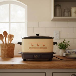 May include: Cream-colored slow cooker with a black lid and base. The front of the cooker features a decorative band with three orange geese. Wooden spoons and a woven basket are on the left. A window and white tile backsplash are in the background.