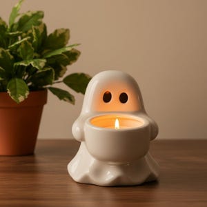 Pode incluir: Um suporte de vela em cerâmica branca em forma de fantasma com duas aberturas ovais escuras para os olhos. A figura do fantasma segura uma pequena taça redonda à frente do corpo, contendo uma vela acesa com uma chama visível.