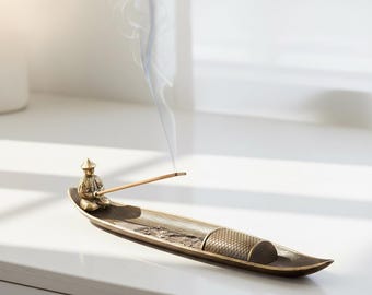 porte-encens vintage et attrape-cendres de bateau de pêcheur, plateau de brûleur en bronze pour la méditation, cadeau de décoration spirituelle de jardin zen