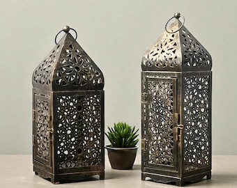 Moroccan Lantern Candle Holder, Vintage Bronze-Gold Metal Cutout, Boho Decor