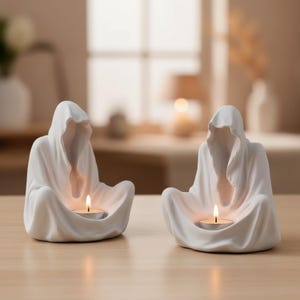 Könnte beinhalten: Zwei weiße Kerzenhalter aus Keramik in Form von Kapuzenfiguren in meditativer Sitzhaltung. Jede Figur zeigt ein drapiertes Gewanddesign mit einer hohlen Mitte, die ein kleines, brennendes Teelicht hält und einen warmen Schein verbreitet.