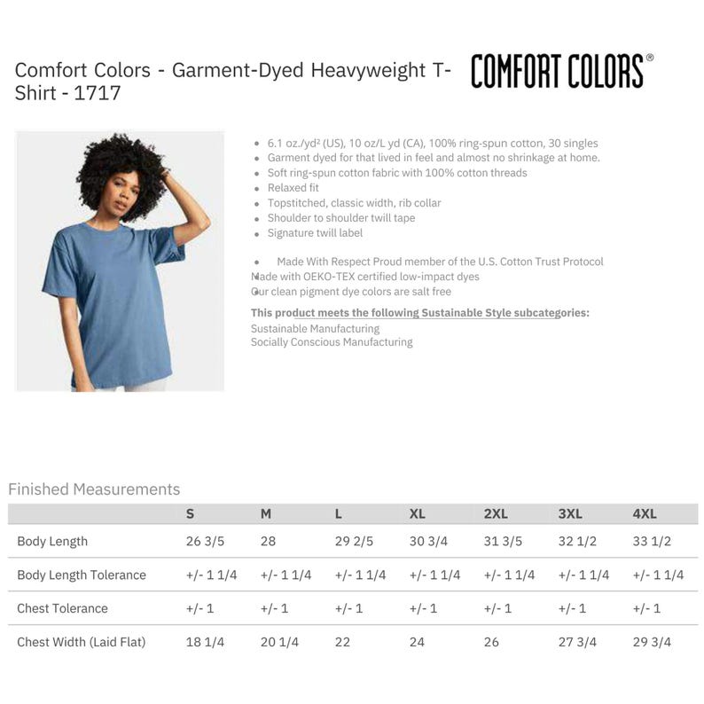 May include: A Comfort Colors garment-dyed heavyweight t-shirt in a light blue hue. The shirt features a relaxed fit, a classic rib collar, and a shoulder-to-shoulder twill tape. The shirt is made of soft ring-spun cotton fabric. The image also includes finished measurements.