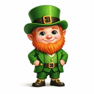 May include: A cartoon leprechaun figure, depicted in a green suit, hat, and shoes, with a brown belt and buckle. The leprechaun has a red beard, rosy cheeks, and a smiling expression. The background is plain white.
