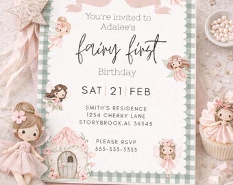 Fairy First Birthday Invitation, Pink Floral Garden Party (Canva Downloadable Template)