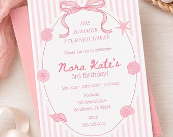 Pink Coastal Summer Birthday Invitation, The Summer I Turned Three (Digital Download)