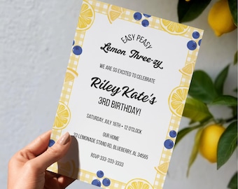 Easy Peasy Lemon Three-zy Birthday Invitation, Blueberry Summer Party (Editable Canva Download)