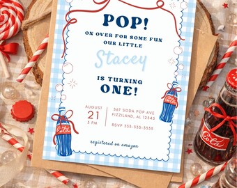 Soda Pop First Birthday Invitation, Retro Coke Theme, Gingham (Digital Download Canva Template 5x7