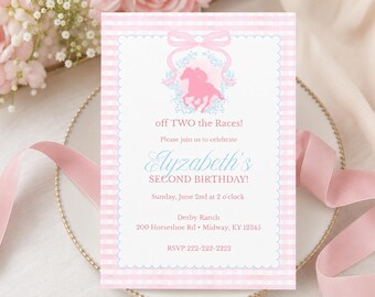 Derby Birthday Invitation, Off TWO the Races, Horse Party, Pink Gingham (Digital Download)