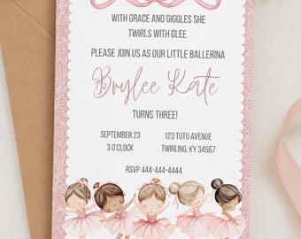 Editable Ballerina Birthday Invitation, Pink Watercolor Dance Party Template (Digital Download)