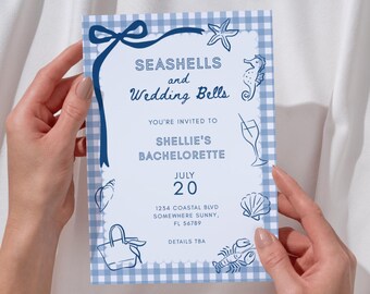 Seashells & Wedding Bells Bachelorette Invitation | Coastal Gingham (Canva Editable Digital Download)