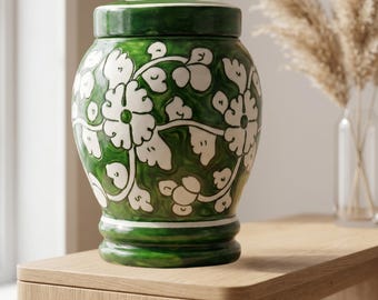Hand-Painted Green Floral Gypsum Urn for Ashes | Memorial Pottery Cremation Urn