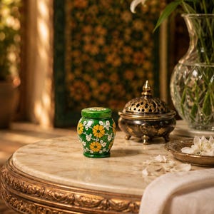 May include: A small, cylindrical green jar with a lid, featuring a hand-painted pattern of yellow flowers and white vines. The jar has a smooth, polished finish and sits upright, showcasing its vibrant floral design against a neutral background.