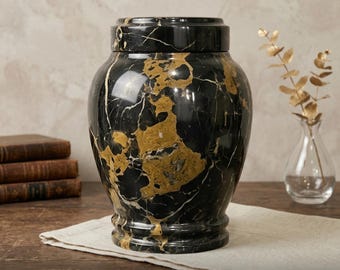 Black & Gold Marble Cremation Urns for Human Ashes – Luxury Memorial Funeral Urn – Handmade Natural Stone Urn – Multiple Sizes Available